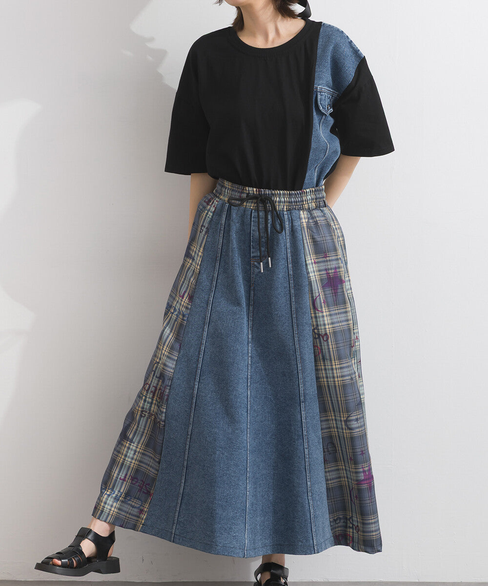 【iriey】牛仔×格紋拼接 鬆緊腰 A字長裙 Japan E-Shop