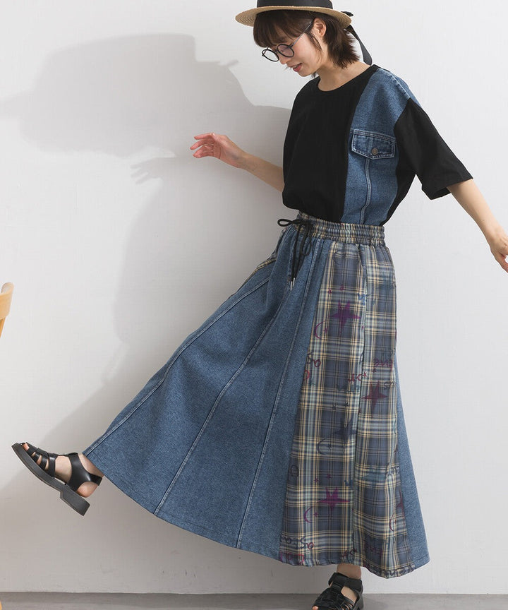 【iriey】牛仔×格紋拼接 鬆緊腰 A字長裙 Japan E-Shop