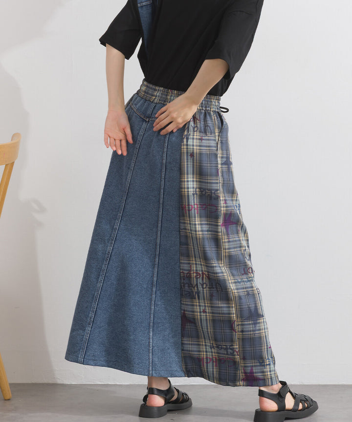 【iriey】牛仔×格紋拼接 鬆緊腰 A字長裙 Japan E-Shop