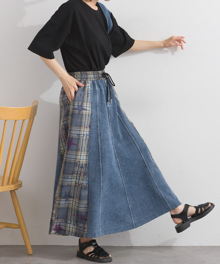【iriey】牛仔×格紋拼接 鬆緊腰 A字長裙 Japan E-Shop