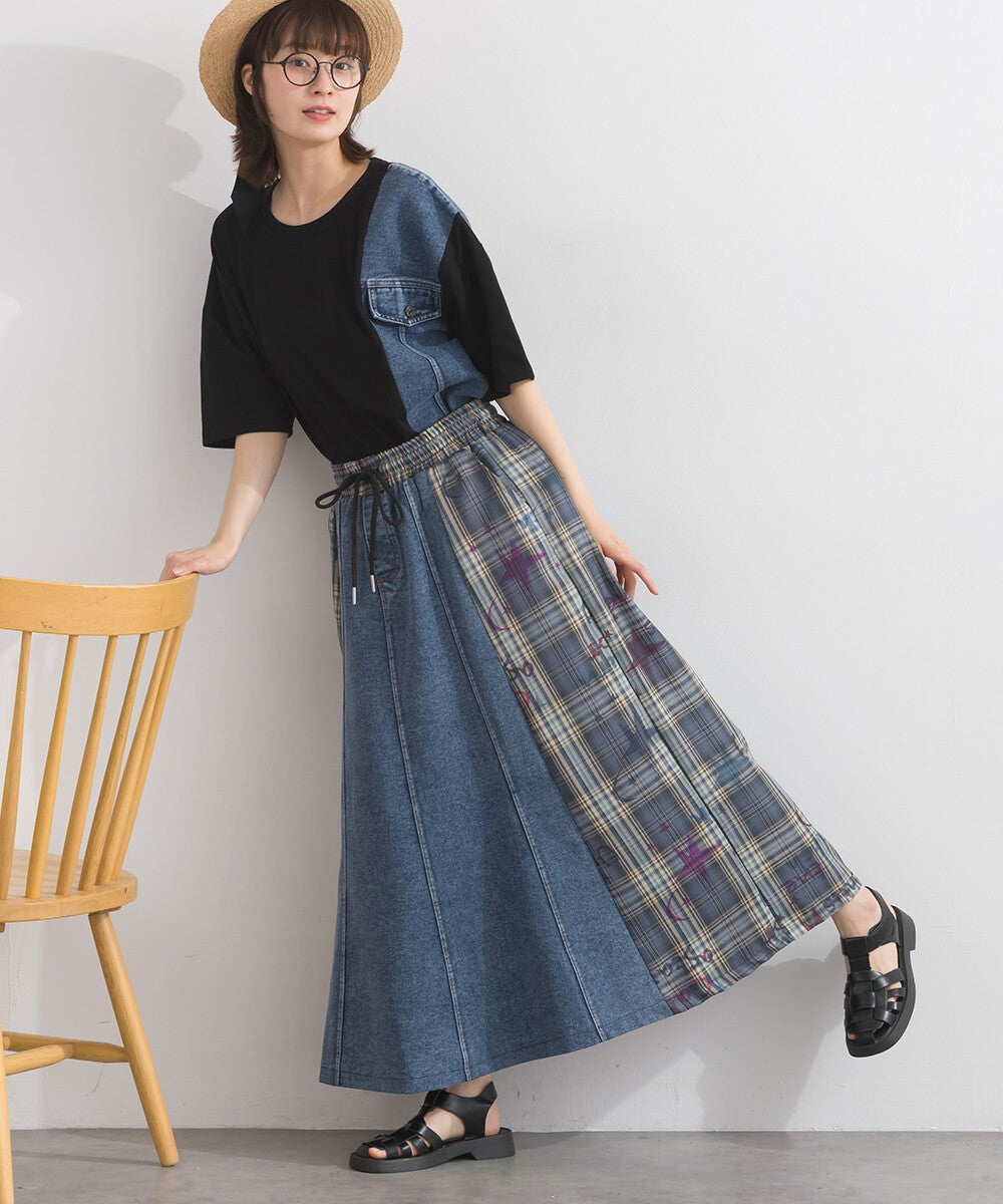 【iriey】牛仔×格紋拼接 鬆緊腰 A字長裙 Japan E-Shop