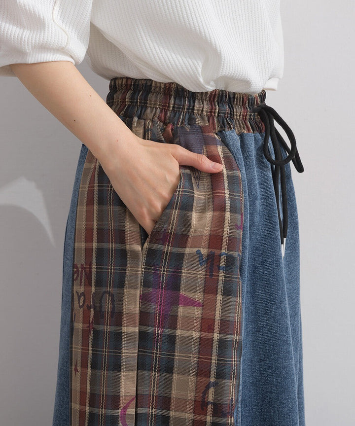 【iriey】牛仔×格紋拼接 鬆緊腰 A字長裙 Japan E-Shop