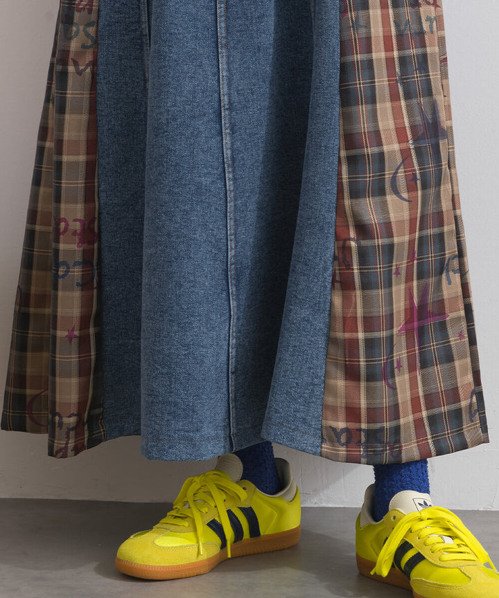 【iriey】牛仔×格紋拼接 鬆緊腰 A字長裙 Japan E-Shop