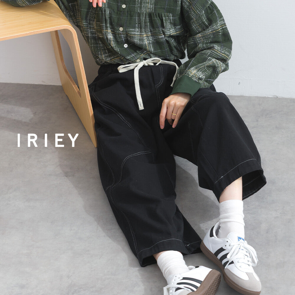 【iriey】撞色縫線裝飾 鬆緊腰 純棉直筒長褲 顏色