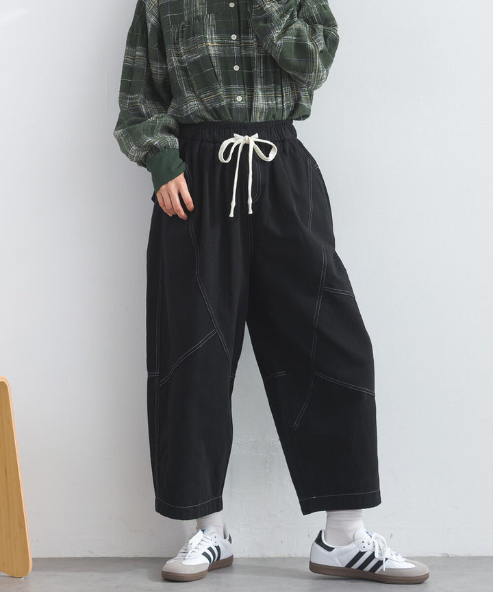 【iriey】撞色縫線裝飾 鬆緊腰 純棉直筒長褲 Japan E-Shop