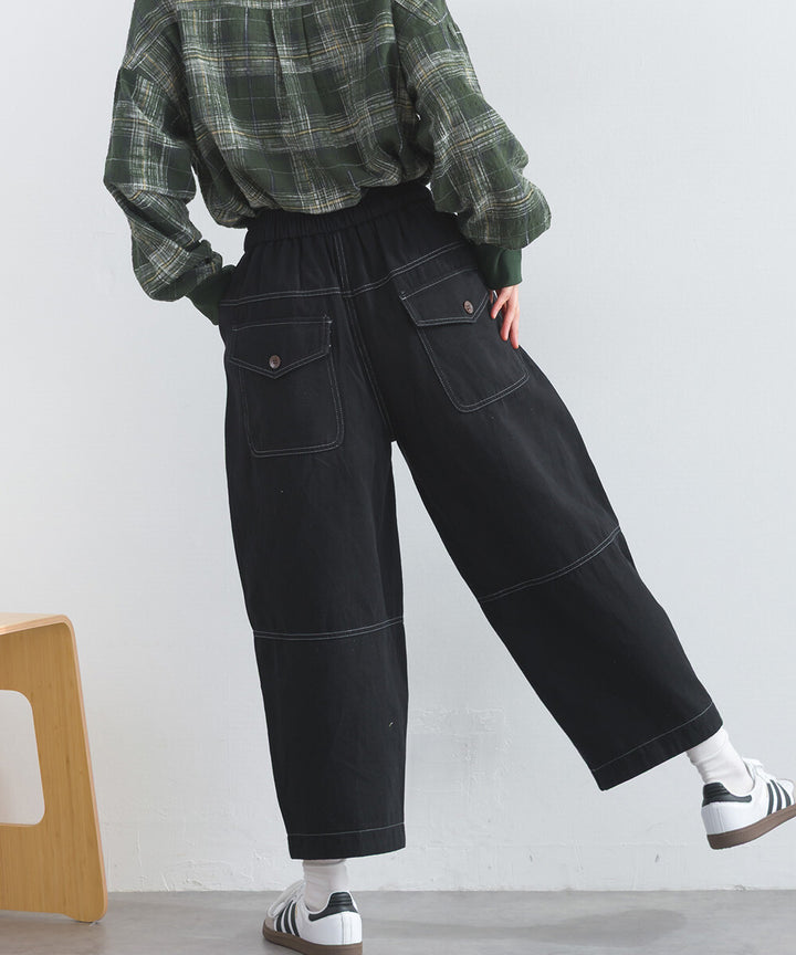 【iriey】撞色縫線裝飾 鬆緊腰 純棉直筒長褲 Japan E-Shop