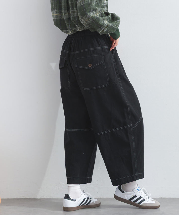 【iriey】撞色縫線裝飾 鬆緊腰 純棉直筒長褲 Japan E-Shop