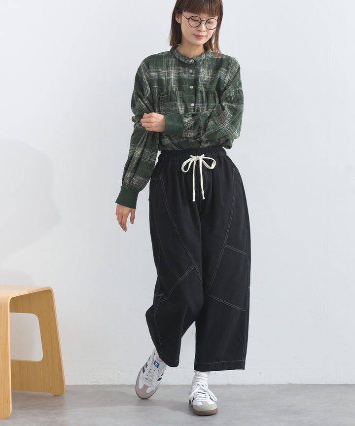 【iriey】撞色縫線裝飾 鬆緊腰 純棉直筒長褲 Japan E-Shop