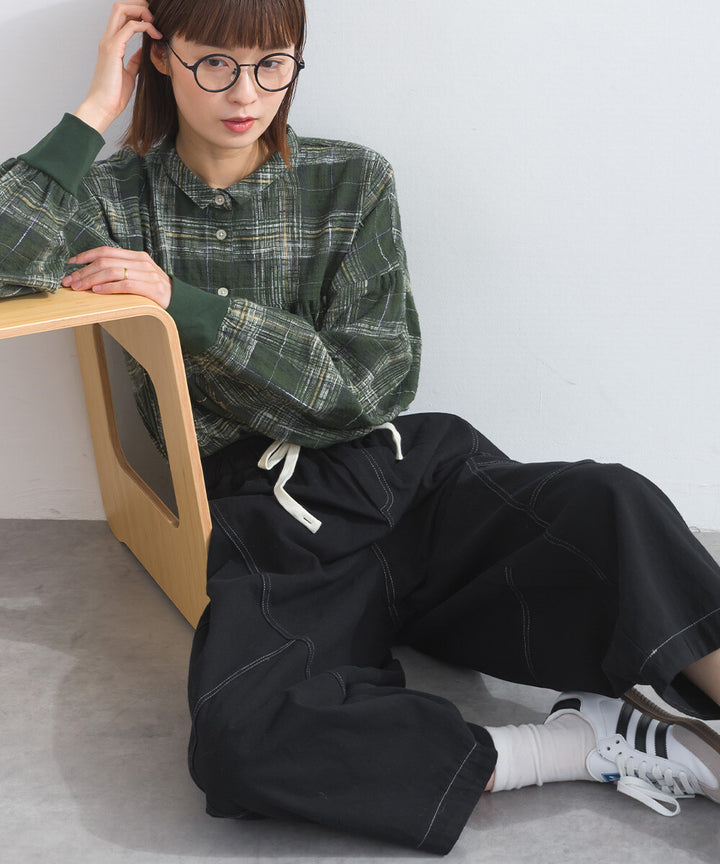 【iriey】撞色縫線裝飾 鬆緊腰 純棉直筒長褲 Japan E-Shop