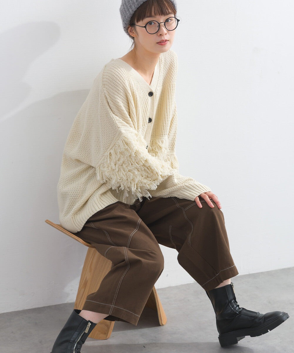【iriey】撞色縫線裝飾 鬆緊腰 純棉直筒長褲 Japan E-Shop