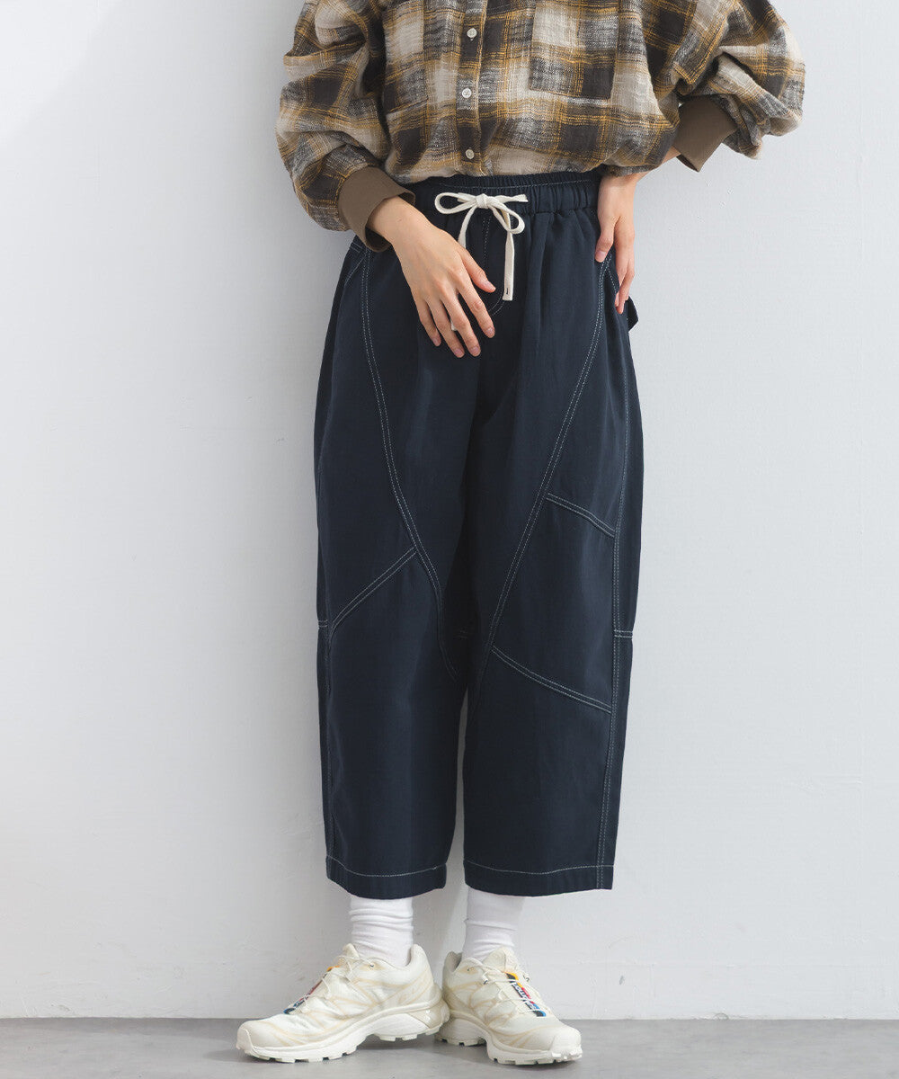 【iriey】撞色縫線裝飾 鬆緊腰 純棉直筒長褲 Japan E-Shop