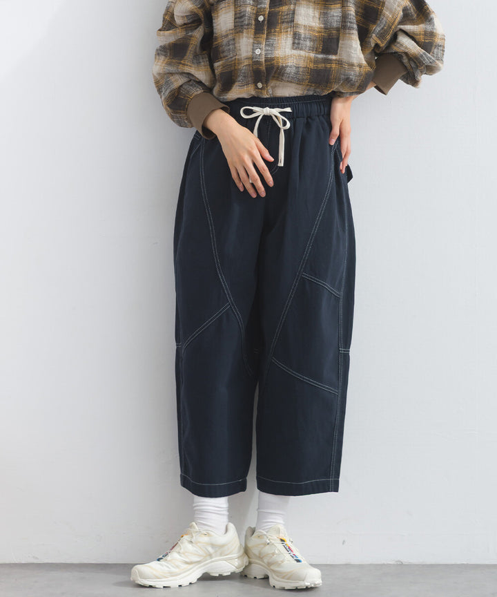【iriey】撞色縫線裝飾 鬆緊腰 純棉直筒長褲 Japan E-Shop