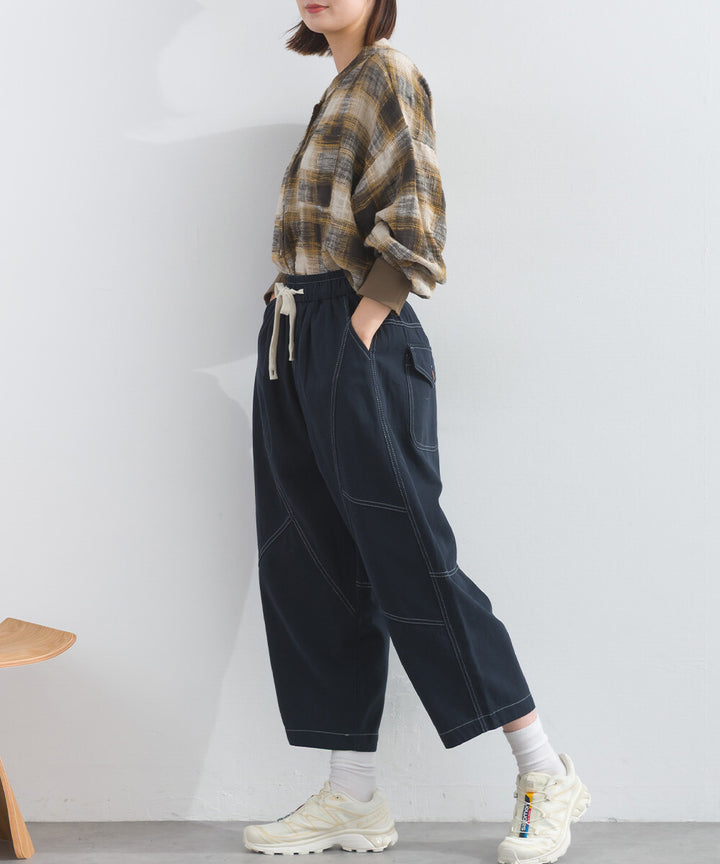 【iriey】撞色縫線裝飾 鬆緊腰 純棉直筒長褲 Japan E-Shop
