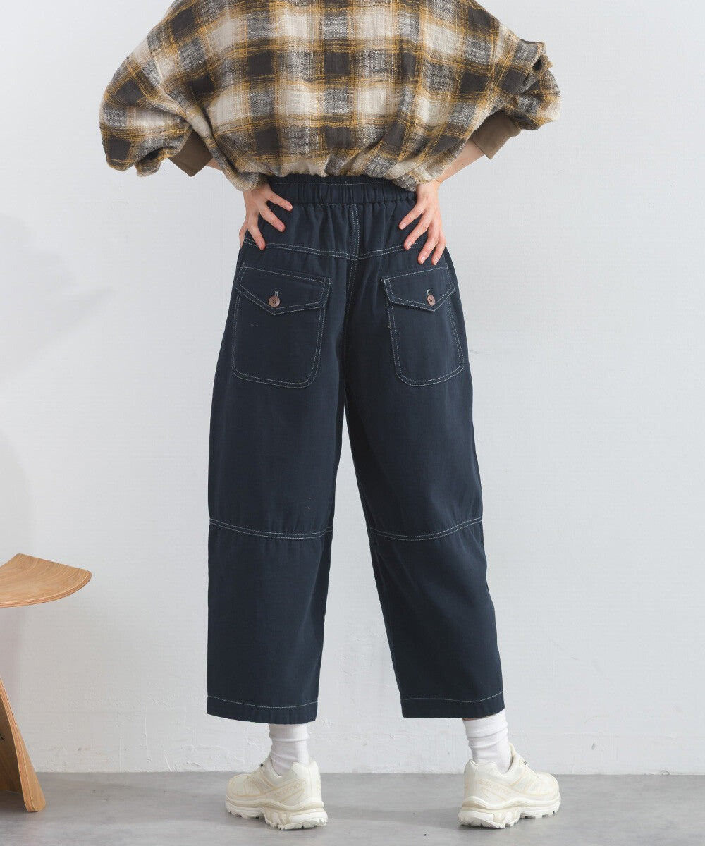 【iriey】撞色縫線裝飾 鬆緊腰 純棉直筒長褲 Japan E-Shop