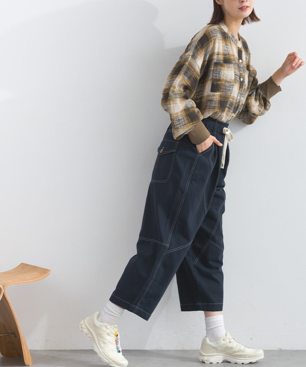 【iriey】撞色縫線裝飾 鬆緊腰 純棉直筒長褲 Japan E-Shop