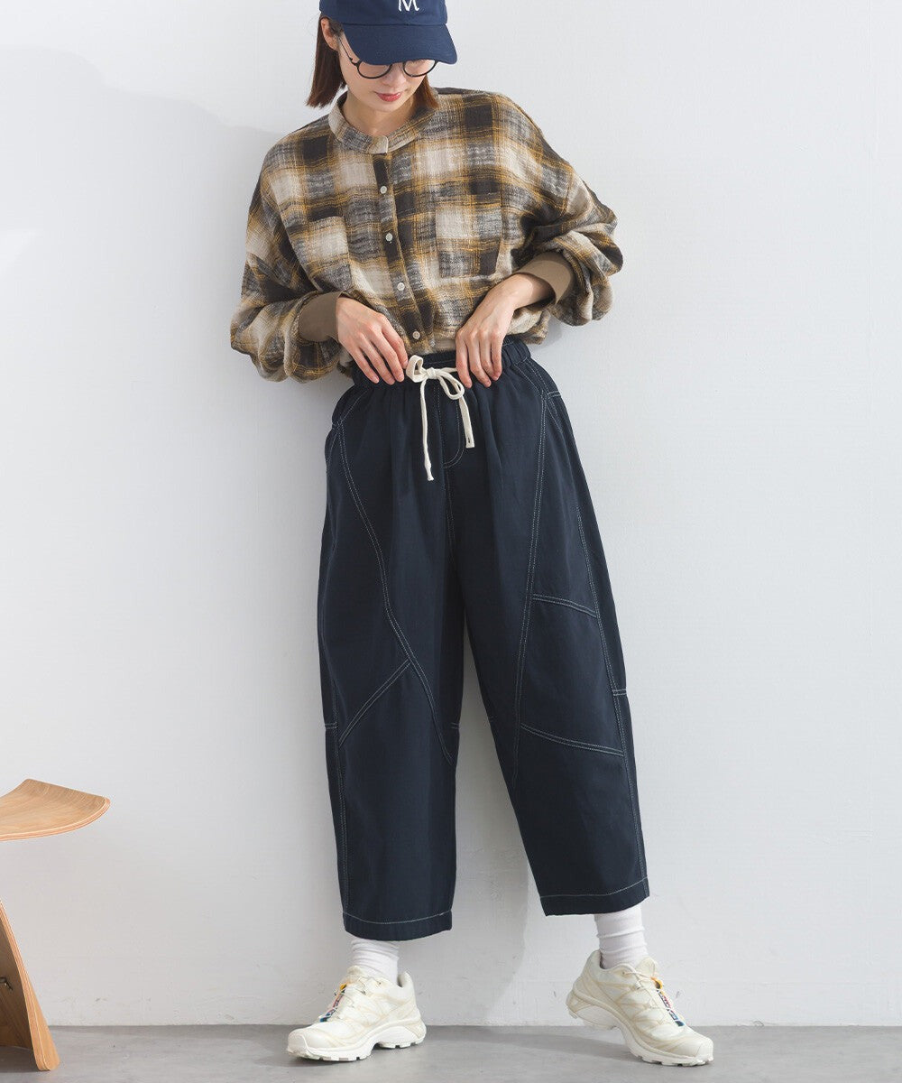 【iriey】撞色縫線裝飾 鬆緊腰 純棉直筒長褲 Japan E-Shop