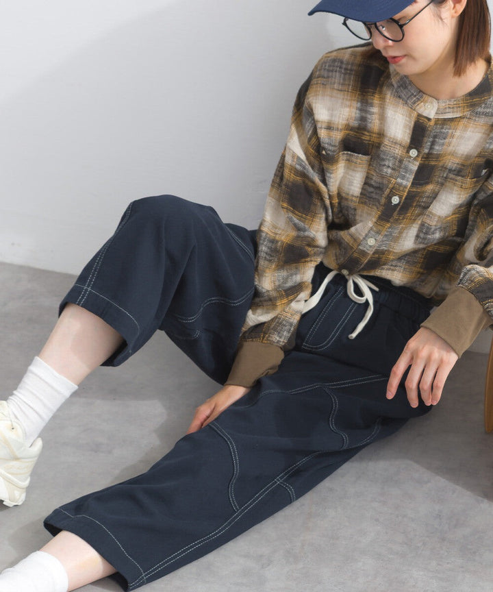 【iriey】撞色縫線裝飾 鬆緊腰 純棉直筒長褲 Japan E-Shop