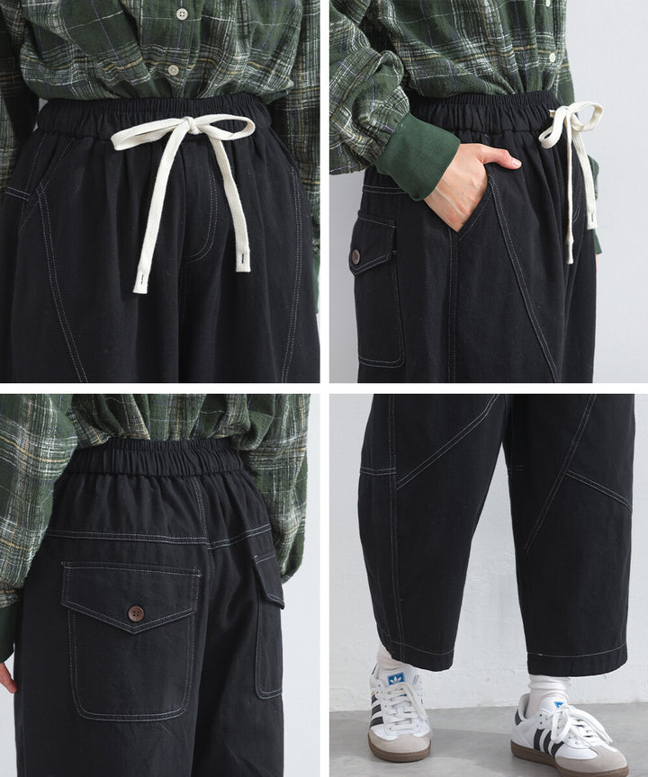 【iriey】撞色縫線裝飾 鬆緊腰 純棉直筒長褲 Japan E-Shop
