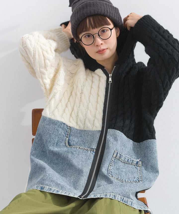 【iriey】牛仔×針織異材質 前口袋 拉鍊開衫外套 Japan E-Shop