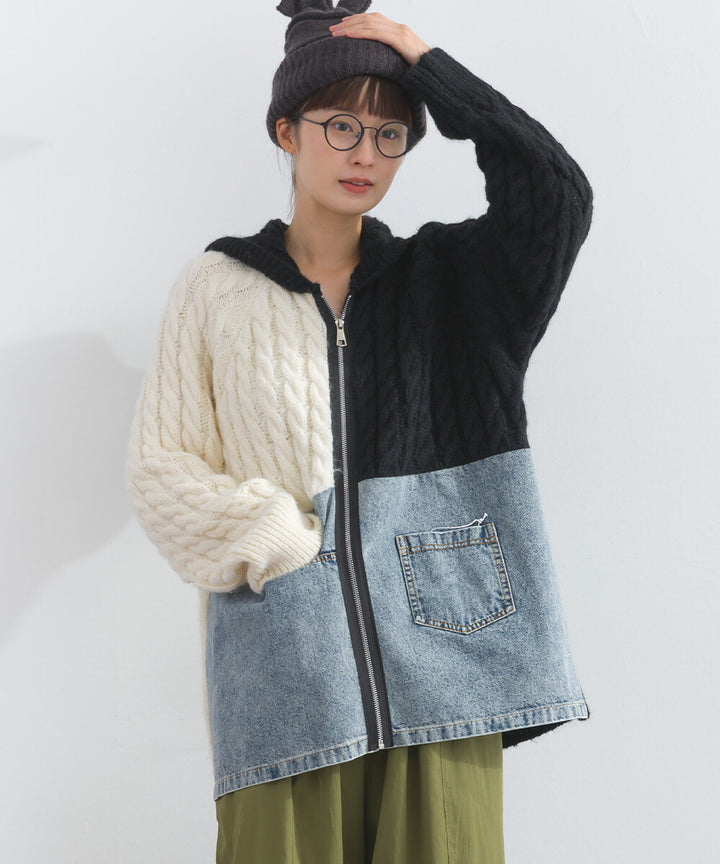 【iriey】牛仔×針織異材質 前口袋 拉鍊開衫外套 Japan E-Shop