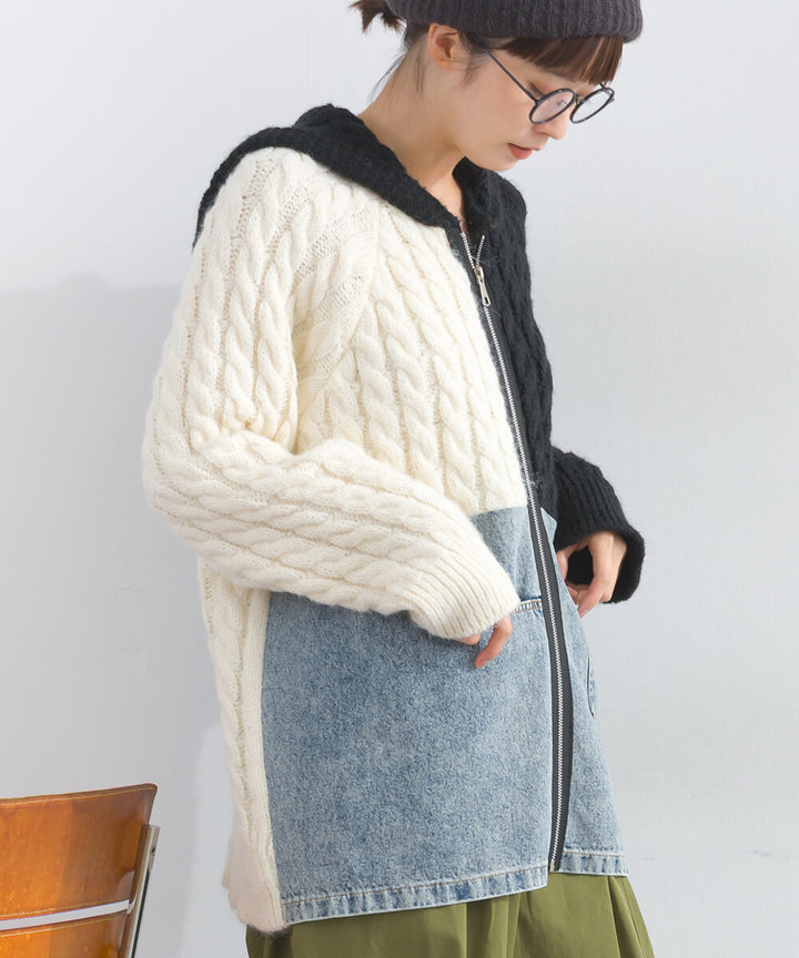 【iriey】牛仔×針織異材質 前口袋 拉鍊開衫外套 Japan E-Shop