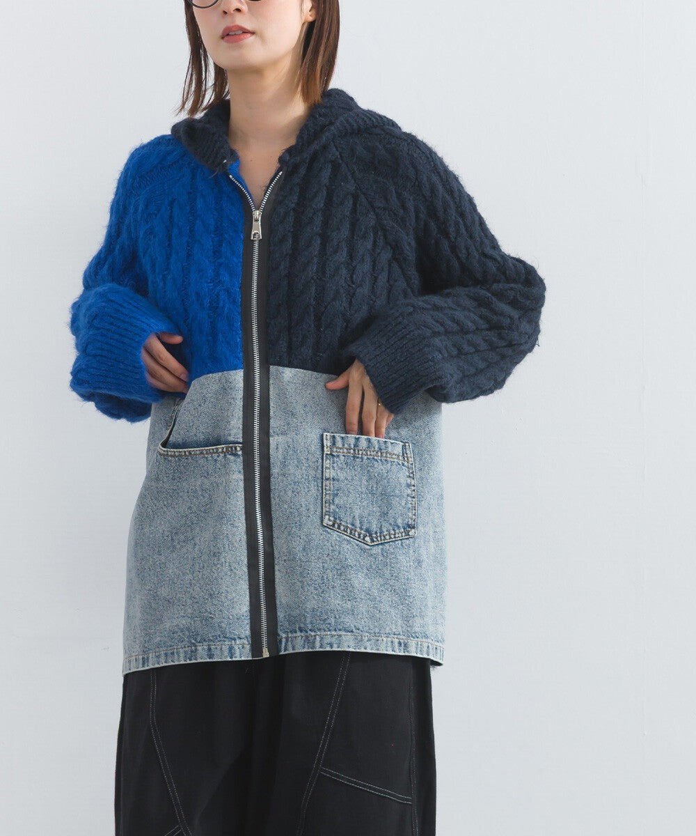 【iriey】牛仔×針織異材質 前口袋 拉鍊開衫外套 Japan E-Shop