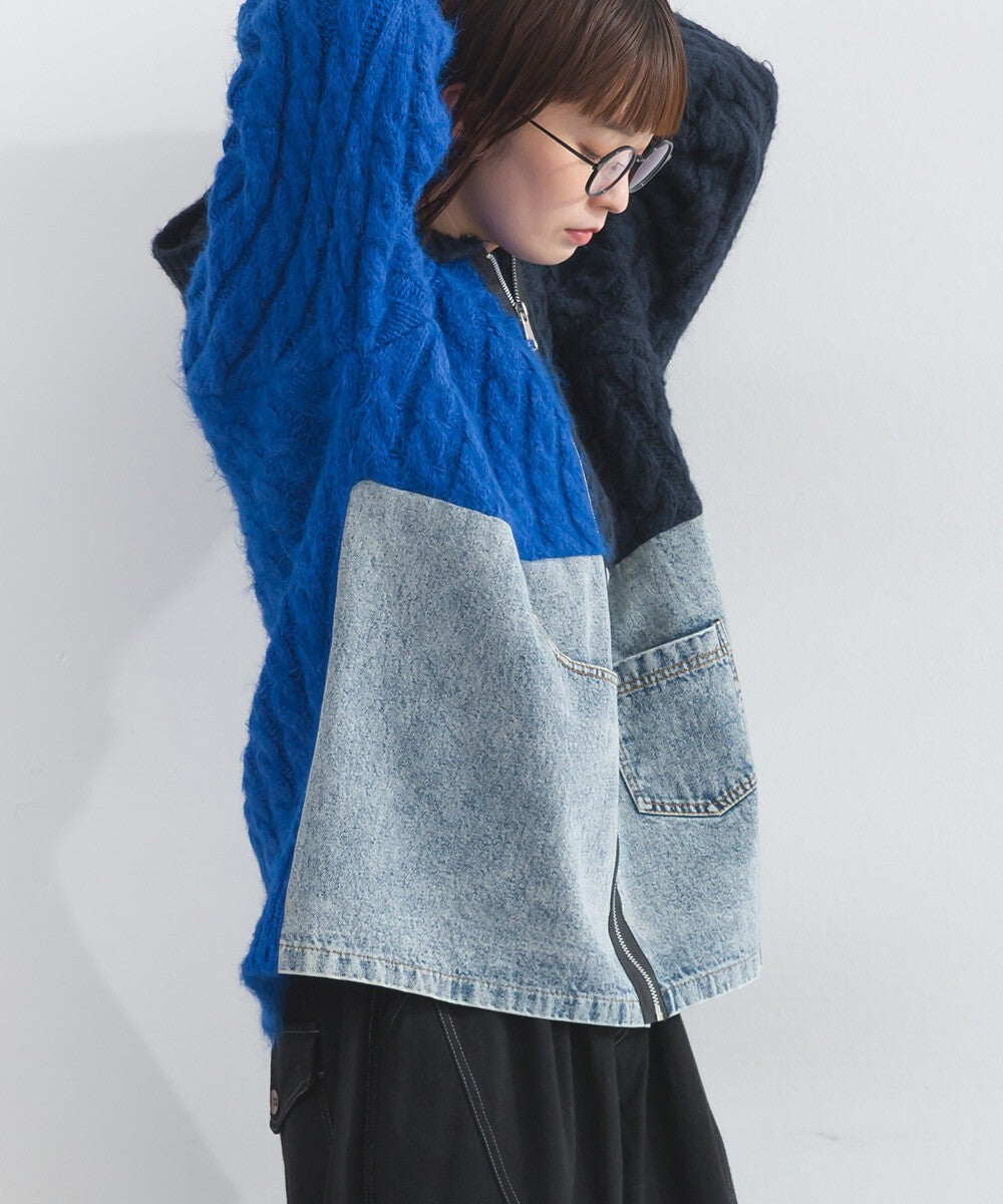 【iriey】牛仔×針織異材質 前口袋 拉鍊開衫外套 Japan E-Shop