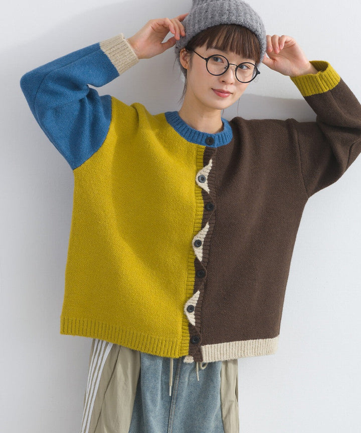 【iriey】波浪前領細節 撞色 寬鬆針織開衫 Japan E-Shop