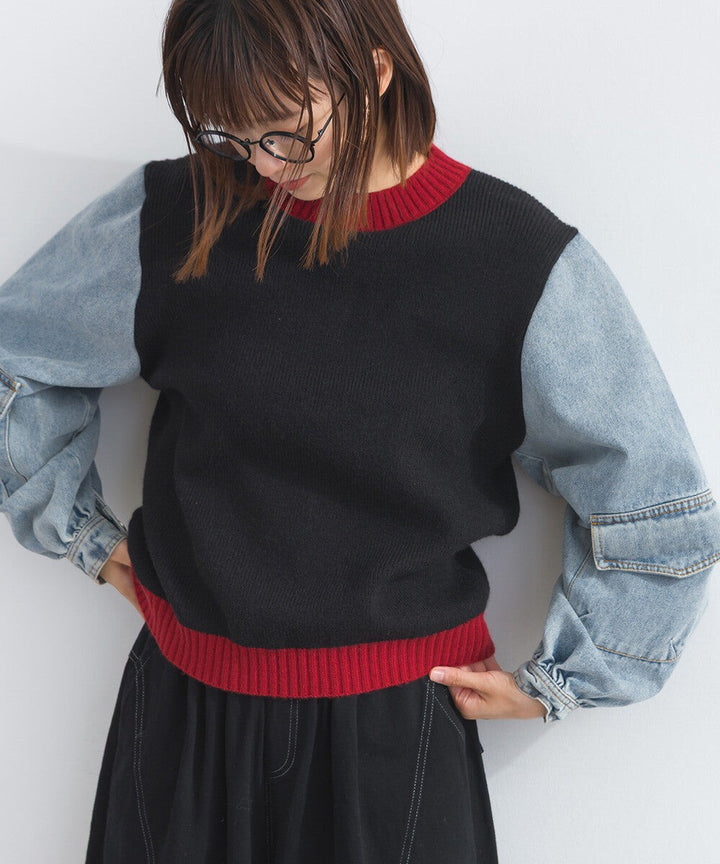 【iriey】牛仔袖拼接 立體口袋 針織套頭衫 Japan E-Shop