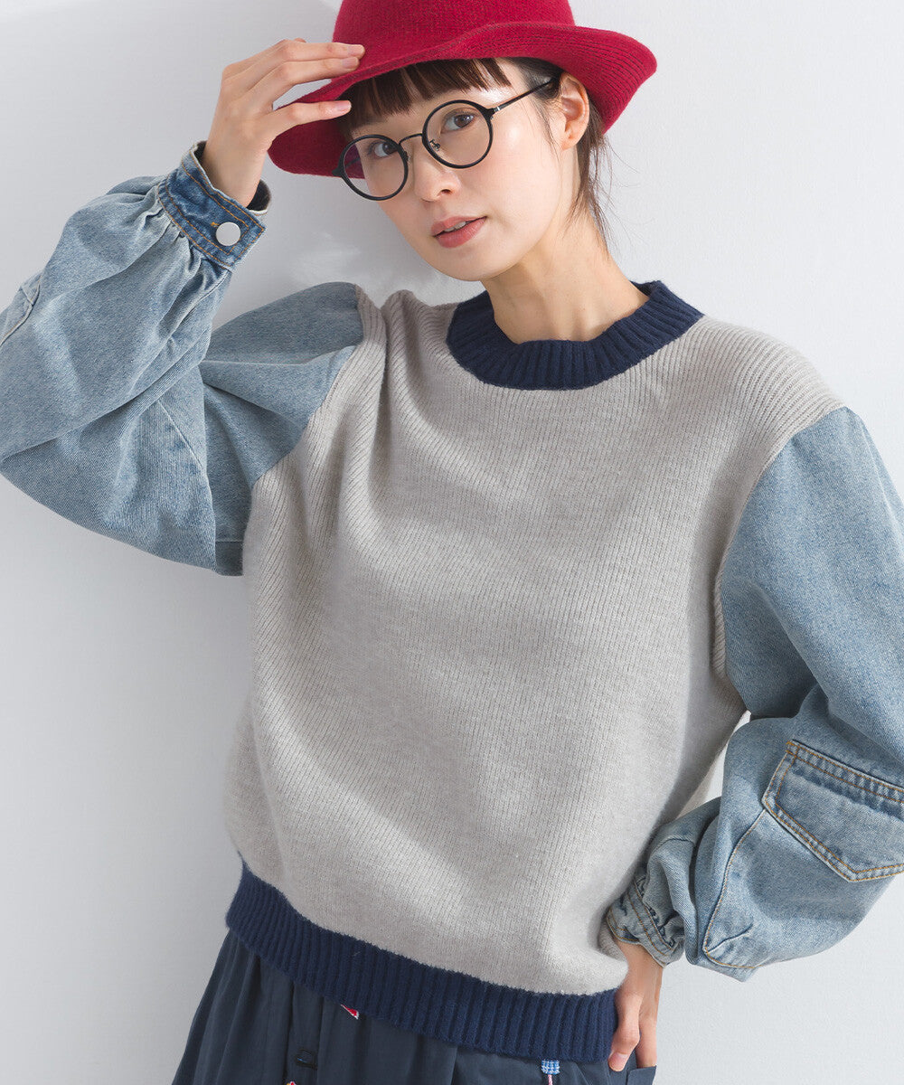 【iriey】牛仔袖拼接 立體口袋 針織套頭衫 Japan E-Shop