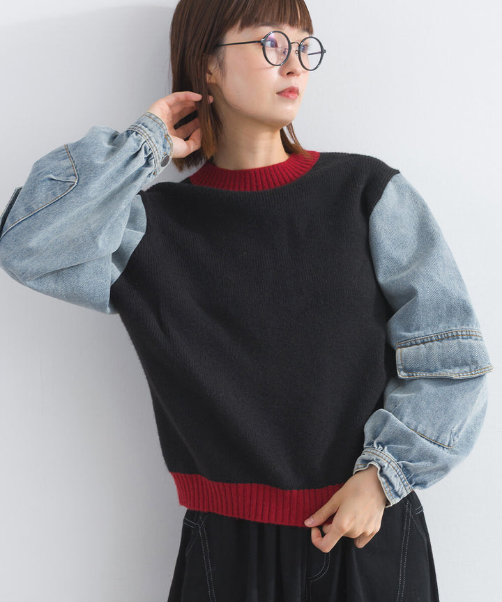 【iriey】牛仔袖拼接 立體口袋 針織套頭衫 Japan E-Shop