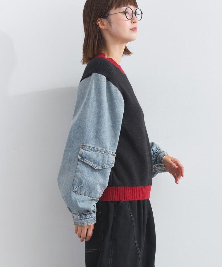 【iriey】牛仔袖拼接 立體口袋 針織套頭衫 Japan E-Shop