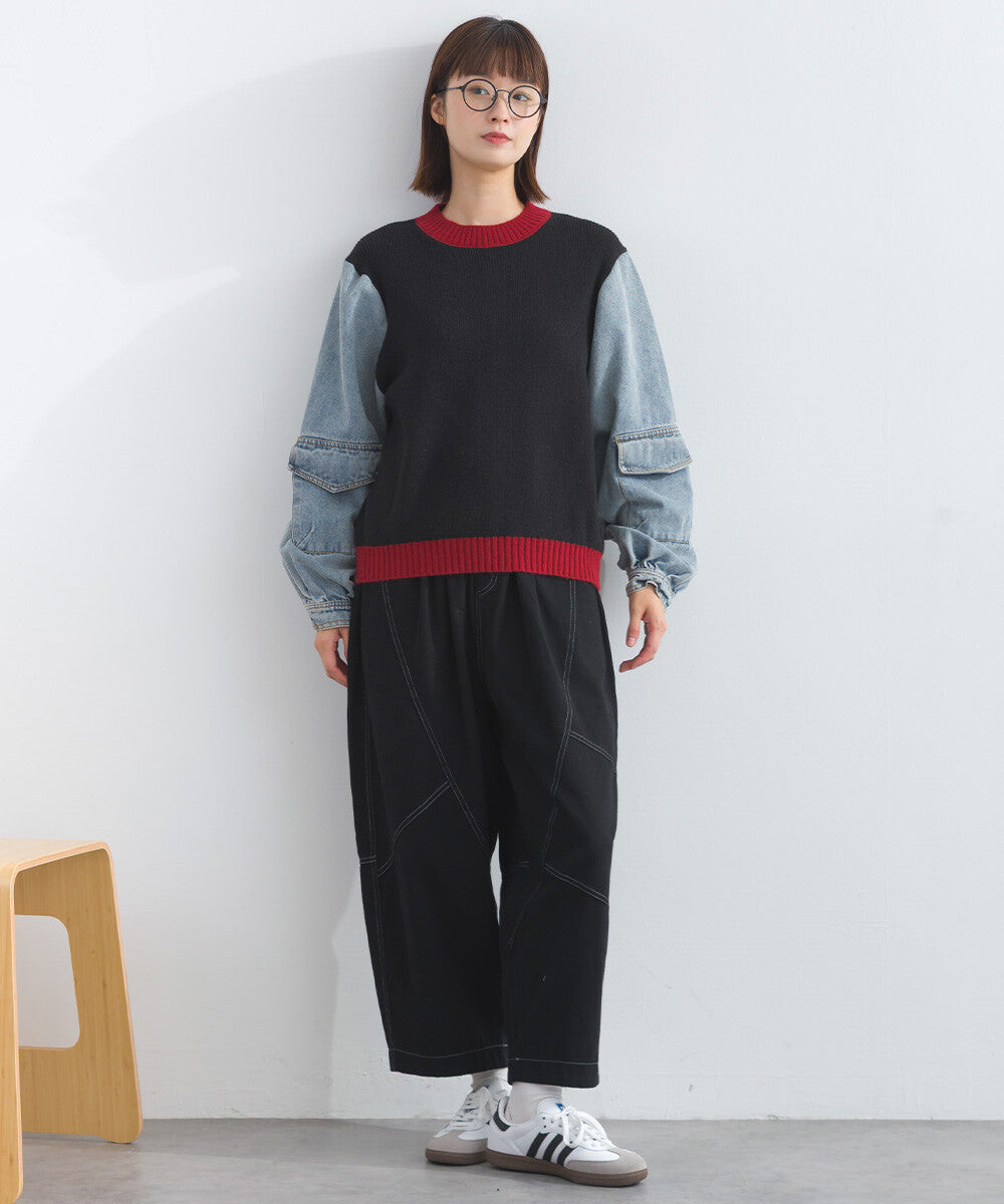 【iriey】牛仔袖拼接 立體口袋 針織套頭衫 Japan E-Shop