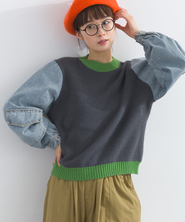 【iriey】牛仔袖拼接 立體口袋 針織套頭衫 Japan E-Shop