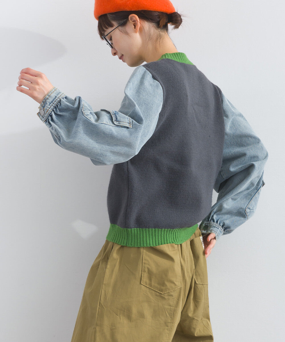 【iriey】牛仔袖拼接 立體口袋 針織套頭衫 Japan E-Shop