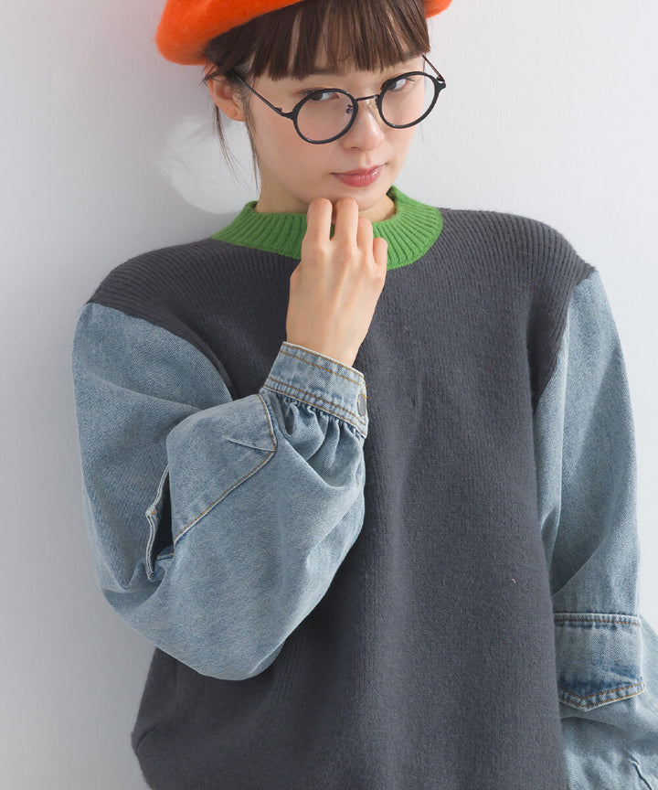 【iriey】牛仔袖拼接 立體口袋 針織套頭衫 Japan E-Shop