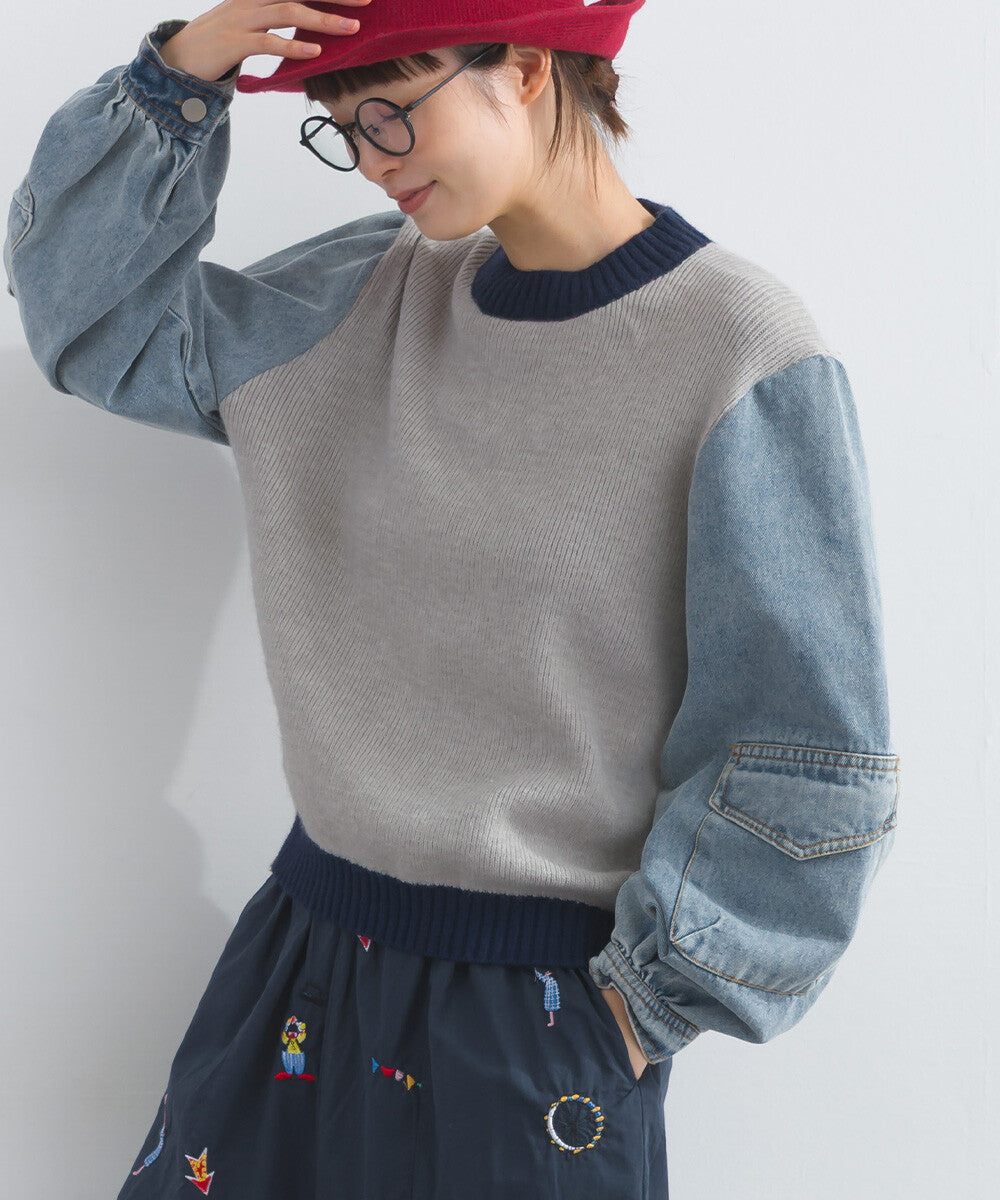 【iriey】牛仔袖拼接 立體口袋 針織套頭衫 Japan E-Shop