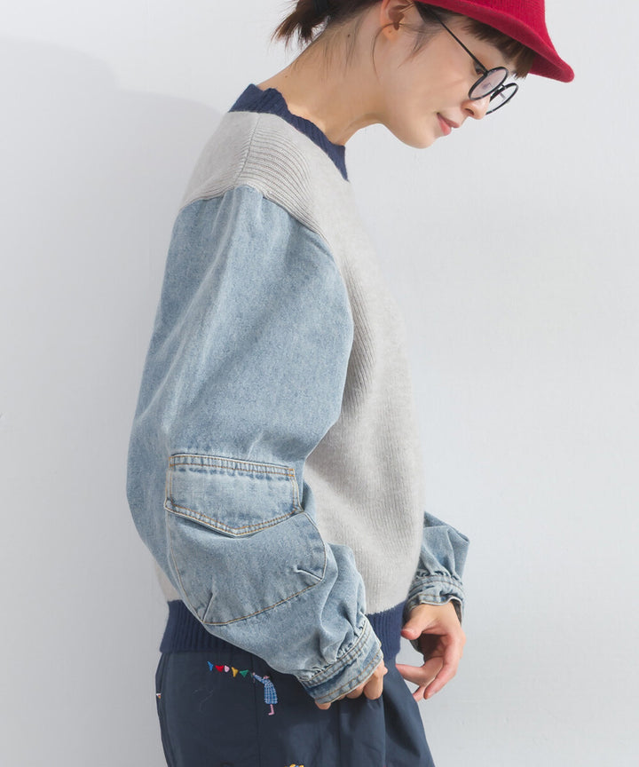 【iriey】牛仔袖拼接 立體口袋 針織套頭衫 Japan E-Shop