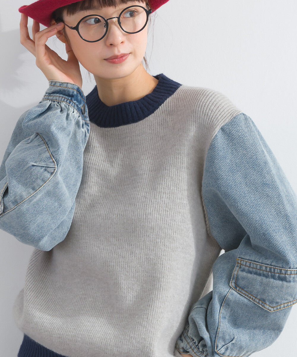 【iriey】牛仔袖拼接 立體口袋 針織套頭衫 Japan E-Shop
