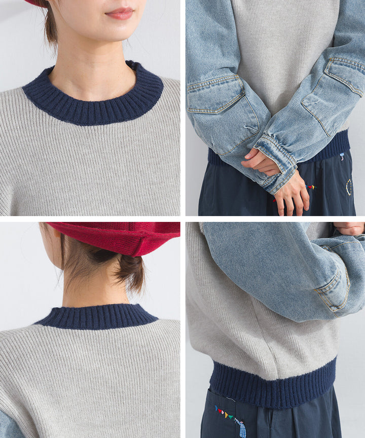 【iriey】牛仔袖拼接 立體口袋 針織套頭衫 Japan E-Shop