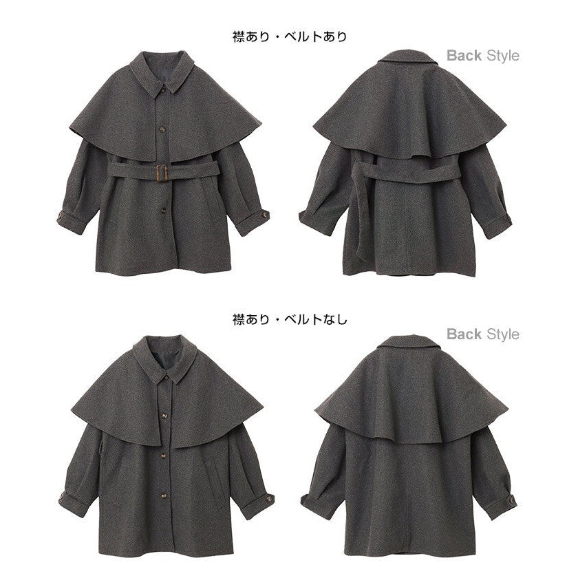 【Alma Design】仿羊毛披肩中長版大衣 可拆式斗篷綁帶顯瘦 顏色