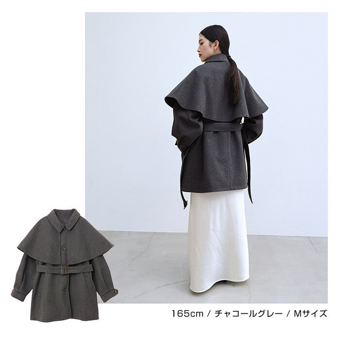 【Alma Design】仿羊毛披肩中長版大衣 可拆式斗篷綁帶顯瘦 顏色