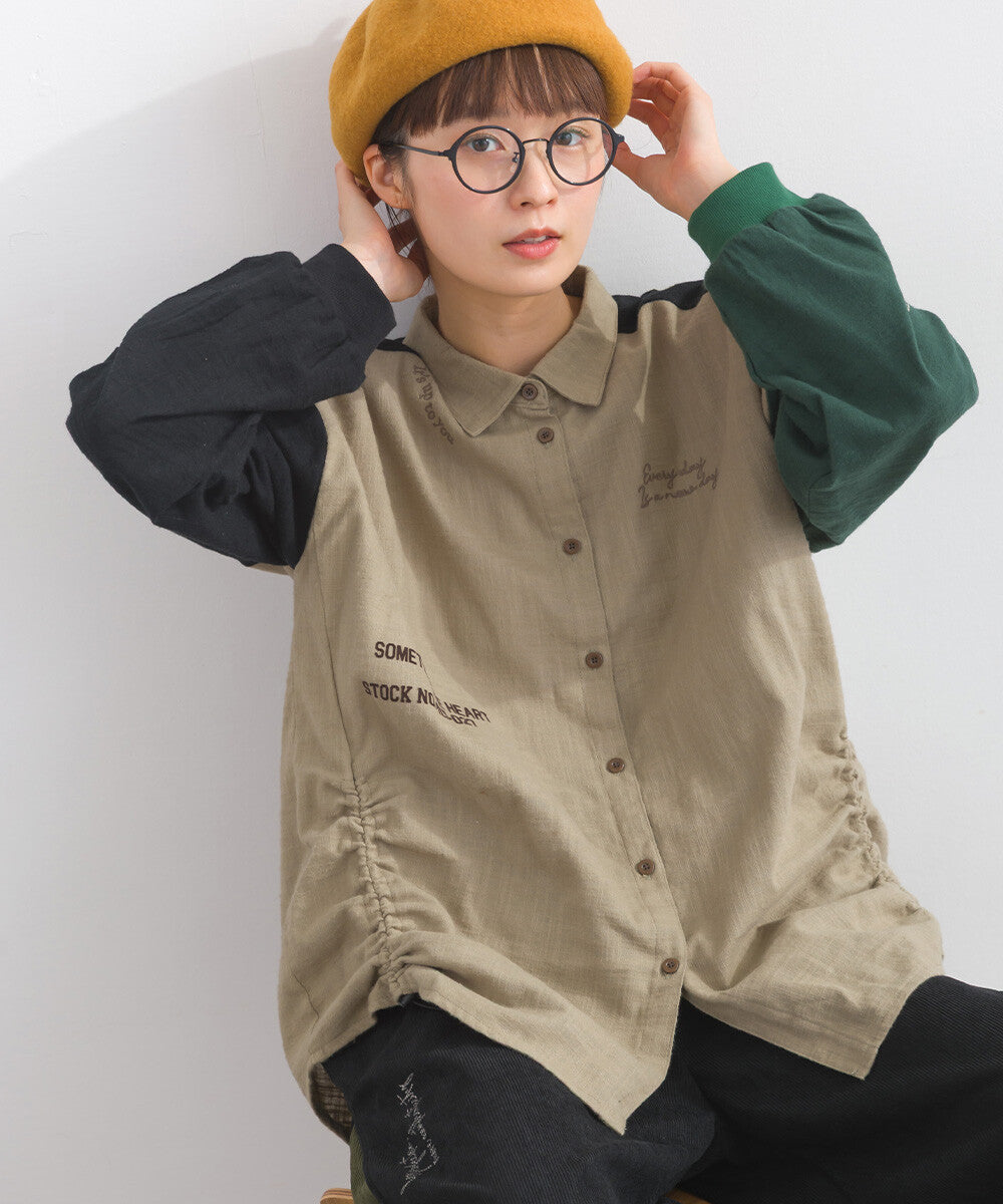 【iriey】起毛布料縮褶 隨機品牌字母 寬鬆上衣 Japan E-Shop