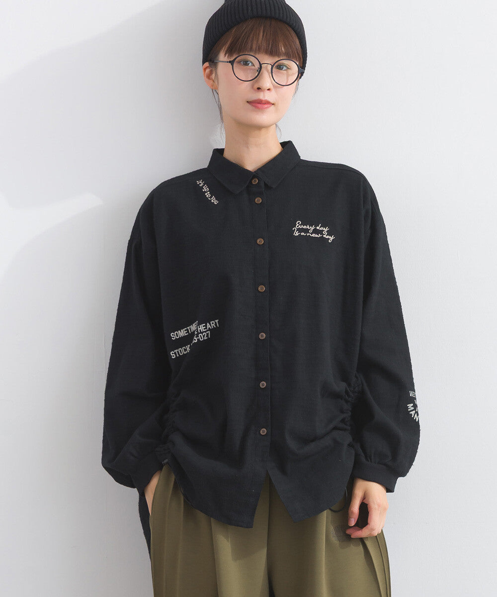 【iriey】起毛布料縮褶 隨機品牌字母 寬鬆上衣 Japan E-Shop