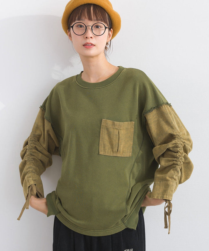 【iriey】袖口縮褶 雪花水洗厚刷毛 異材質套頭衫 Japan E-Shop