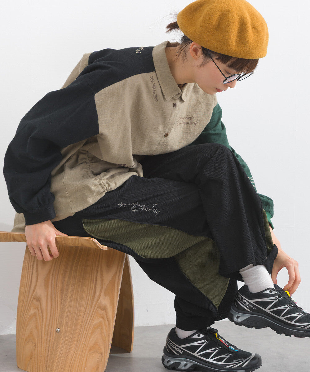 【iriey】燈芯絨側褶 多款品牌字母 撞色配色長褲 Japan E-Shop