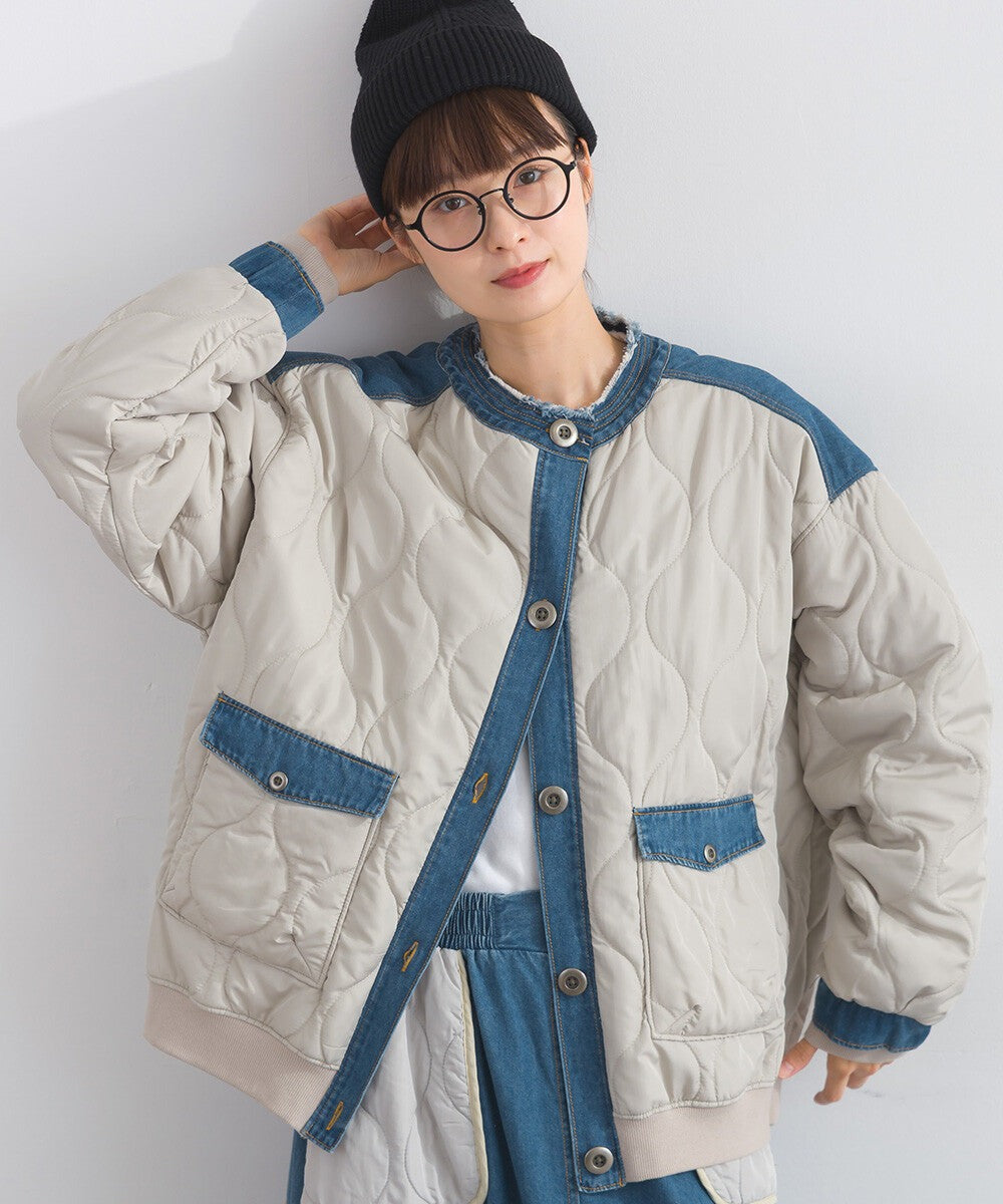 【iriey】菱格鋪棉×牛仔拼接 品牌刺繡 短夾克外套 Japan E-Shop