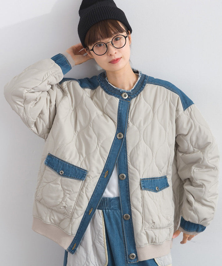 【iriey】菱格鋪棉×牛仔拼接 品牌刺繡 短夾克外套 Japan E-Shop