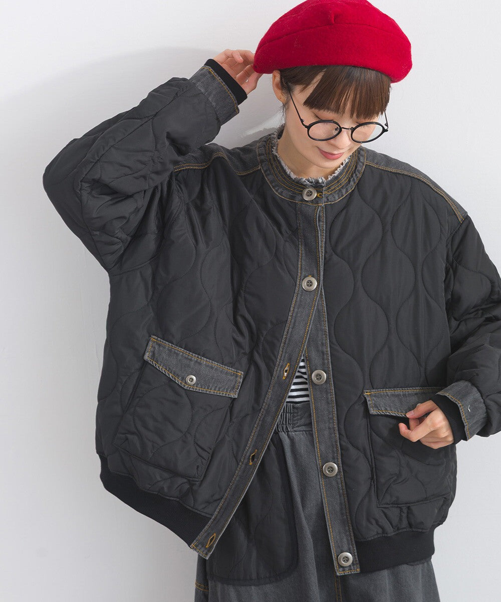 【iriey】菱格鋪棉×牛仔拼接 品牌刺繡 短夾克外套 Japan E-Shop