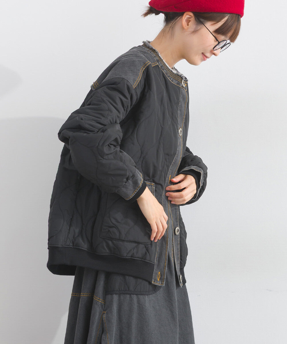 【iriey】菱格鋪棉×牛仔拼接 品牌刺繡 短夾克外套 Japan E-Shop